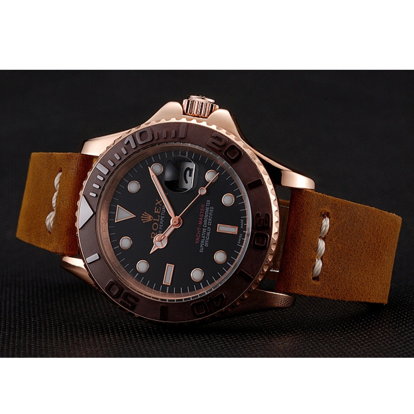 Good Copy Rolex Watches Black Rolex Bezel Brown 1453860 Leather Bracelet Yacht Rose Dial Case Gold Brown Master 0806